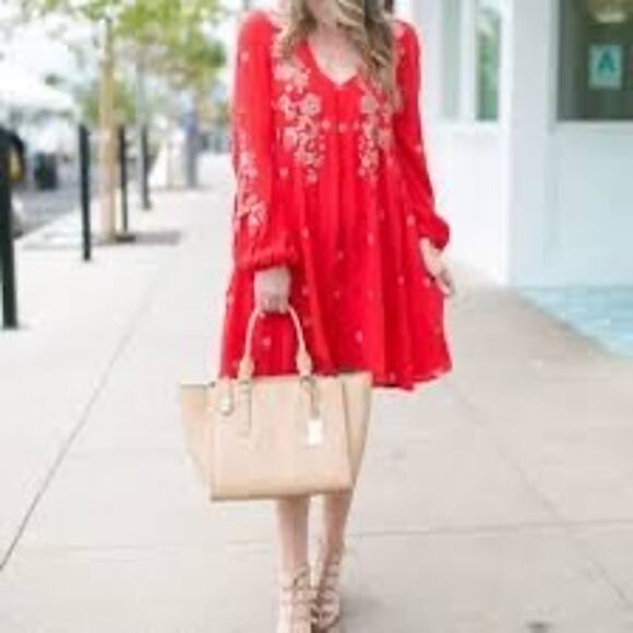 Free People Sweet Tennessee Boho Embroidered Red Festival Dress - Picture 2 of 12